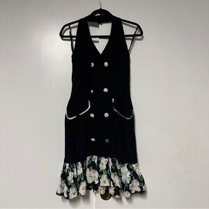 Handmade Halter Contrast Pleated Hem Floral Mini Dress Size Medium